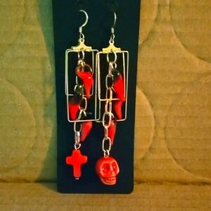 Hand Crafted Hot Peppers, Skull and Cross Earrings.